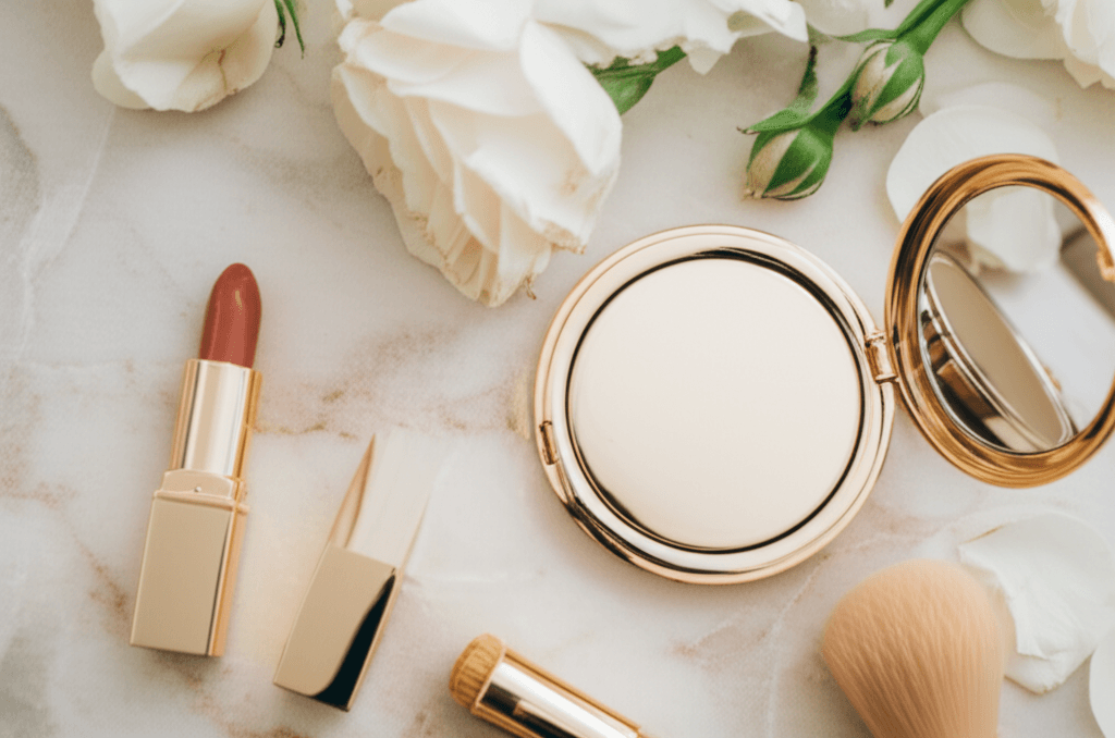 Beauty flatlay with gold lipstick