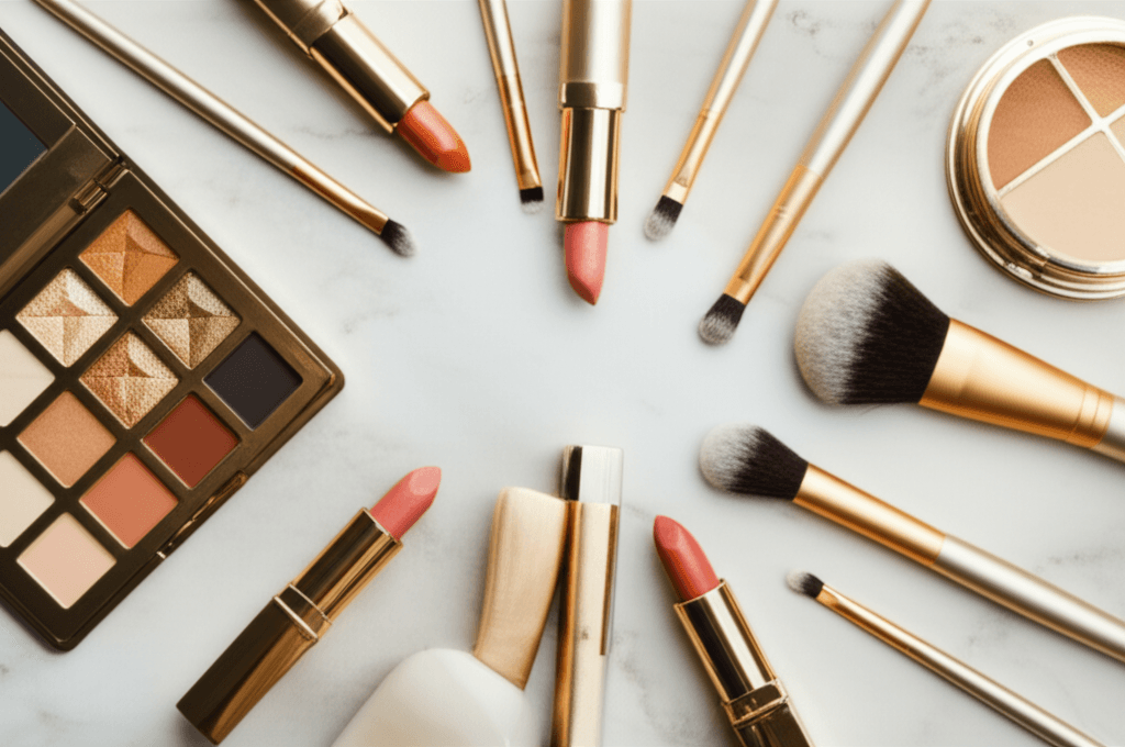 Gold makeup products on marble